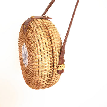 Ceramic Rattan Bag Summer Bohemian Round Beach Bag Shoulder Bag Crossbody Bag Leather Buckle Straw Bag Women's Bag