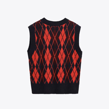 Loose diamond knitted vest for women's clothing