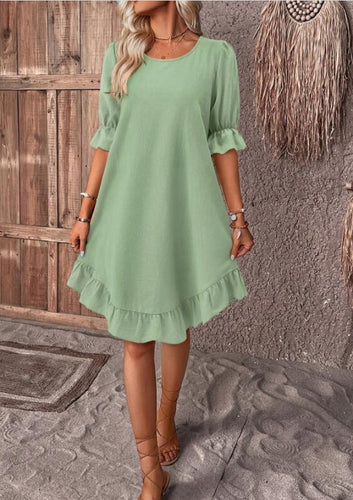 Vintage Cotton Linen Mid-Sleeve Round Neck Solid Color Loose A-Line Dress for Women