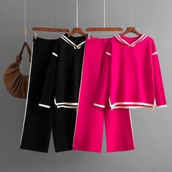 Split long sleeved hooded sweater wide leg pants long pants two-piece set
