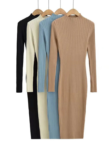 Women O-neck Long Sleeve Party Dresses Knitted 4 Colors Stretchable Slim Midi Dresses vestido feminino