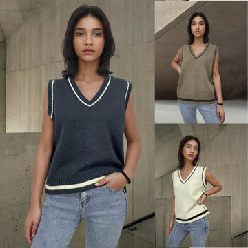 Style V-Neck Women's Knit Sweater Vest with Color Block Design Casual Outerwear for Spring and Autumn