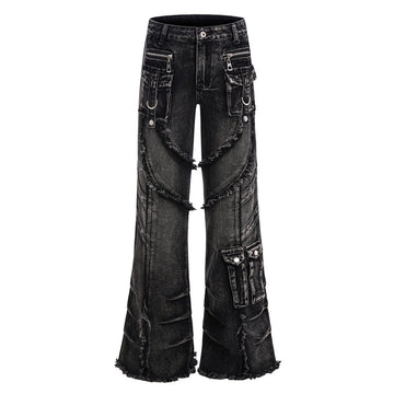 Trendy Belted Flared Cargo Jeans Men Heavyweight Distressed Raw Hem Deconstructed Patchwork Unique Personality Long Pants