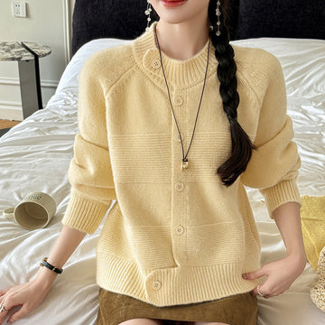 Women's Knit Cardigan Crew Neck Solid Color Sweater Coat Top