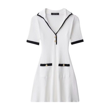 Metal button ribbed short sleeved dress