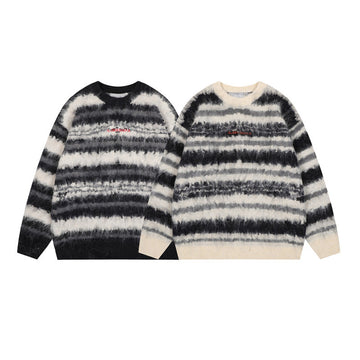 Style Trendy Design Stripe Crewneck Knitwear Men Retro Loose Couple Mohair Fleece Pullover Sweater Women