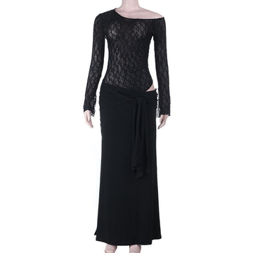 Solid color slanted collar lace sexy trumpet long sleeved dress