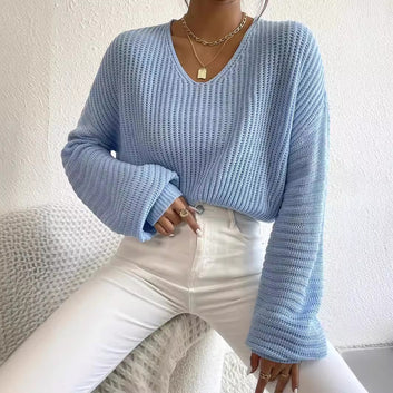 Knitted Women's Sweater  Style Solid Color V-Neck Lantern Sleeve Pullover