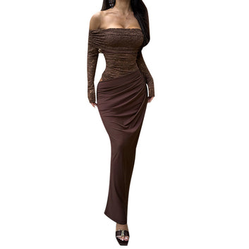 Lace one shoulder pocket sexy slim fit hip hugging skirt