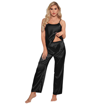 SET OF NIGHTGOWN WITH STRAPS AND PAJAMA BOTTOMS IN IMITATION SILK FOR ELEGANT AND COMFORTABLE NIGHTS