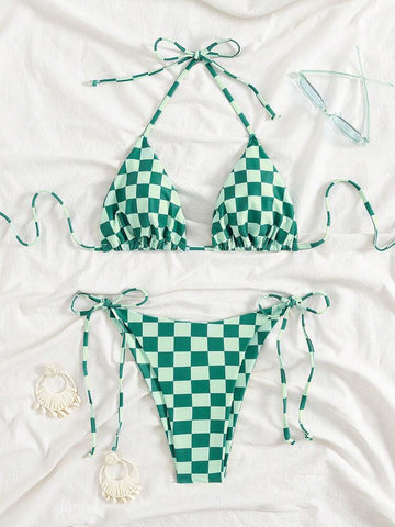 Lace up multi-color checkered split swimsuit women's bikini swimsuit