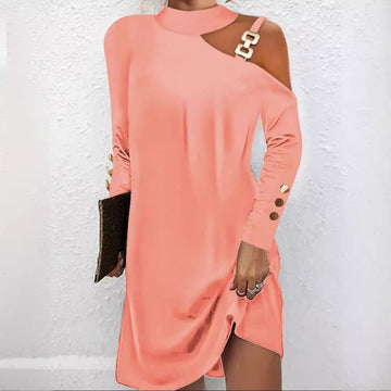 Simple Metal Buckle Strap Button Dress for Women