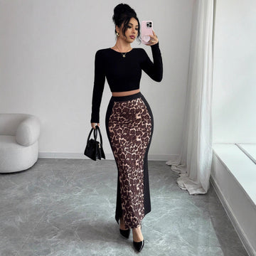 Leopard print spliced high waist slim fit with hip opening design women's skirt
