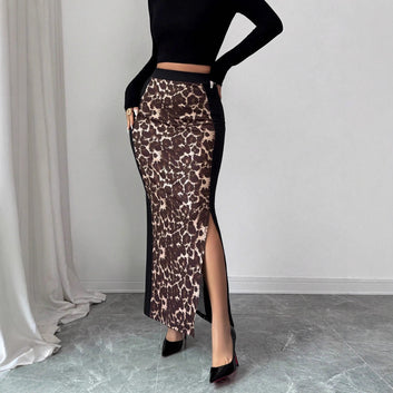Leopard print spliced high waist slim fit with hip opening design women's skirt