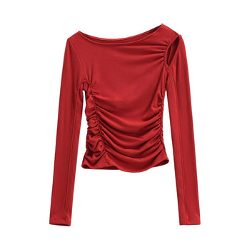 Pleated hollow slim fit long sleeved T-shirt