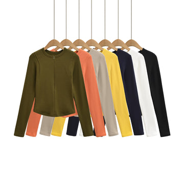 Round neck zipper slim fit T-shirt