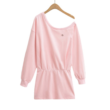 Slanted shoulder waist cinched long sleeved dress