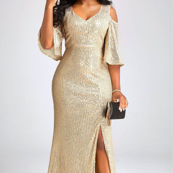 One-Shoulder Golden Sequin Party Evening Dress – The Golden Party Dress That Illuminates Your Elegance