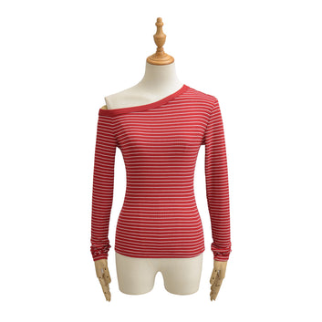 Diagonal shoulder color blocked striped long sleeved elastic T-shirt
