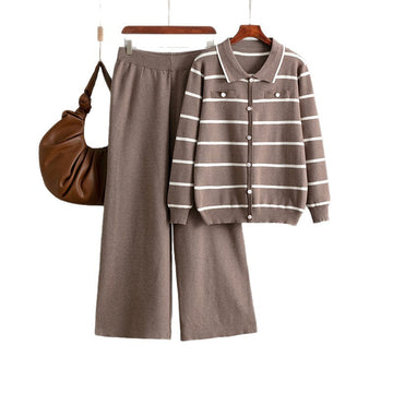 POLO COLLAR STRIPED SWEATER + WIDE LEG PANTS TWO-PIECE SET — THE ELEGANT WOMEN'S SET THAT COMBINES COMFORT AND MODERN STYLE