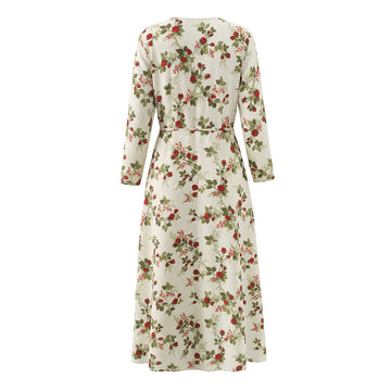 Floral print lace up waist cinching long sleeved dress