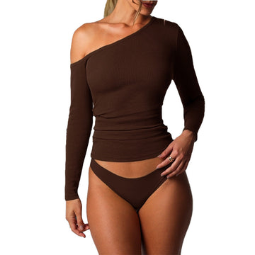 Slanted shoulder off shoulder long sleeved versatile solid color top for women