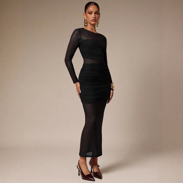 Round neck mesh spliced solid color slim fit women's long skirt with hip fold edges