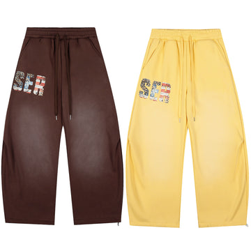 Solid Color Straight Leg Casual Pants with Print and Fleece Lining Wholesale