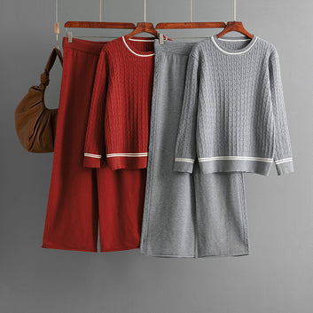 Round neck long sleeved sweater set+casual pants two-piece set