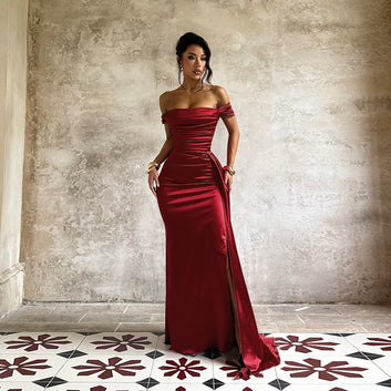 One shoulder satin sexy slit dress