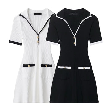 Metal button ribbed short sleeved dress