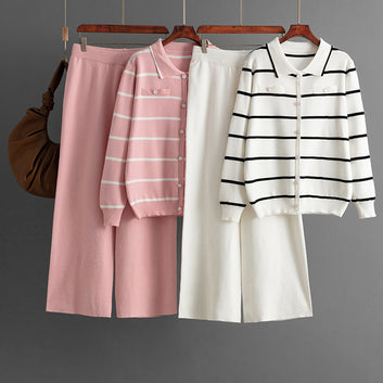 POLO COLLAR STRIPED SWEATER + WIDE LEG PANTS TWO-PIECE SET — THE ELEGANT WOMEN'S SET THAT COMBINES COMFORT AND MODERN STYLE