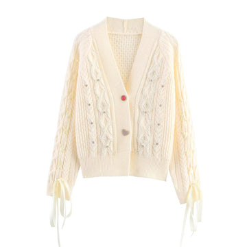 V-neck drawstring nail bead knit sweater