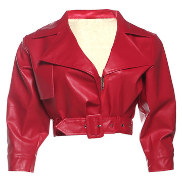 European and American Style Solid Color Turn-down Collar Low-cut Cinched Waist Tie Short Crop Hoodie Jacket