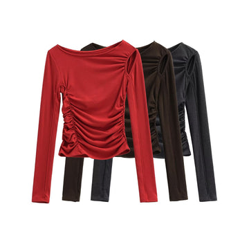 Pleated hollow slim fit long sleeved T-shirt