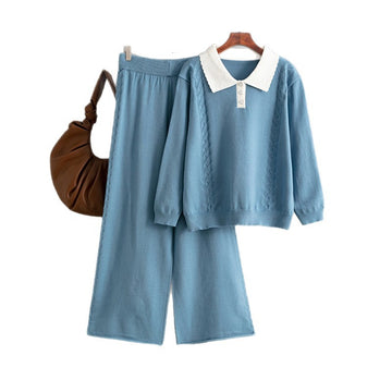 Polo collar color blocked loose sweater wide leg pants two-piece set