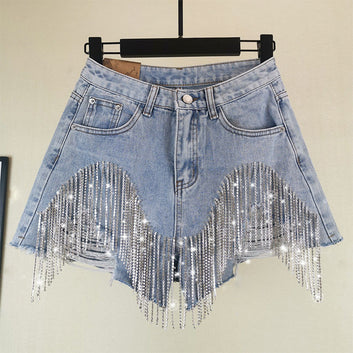Women's High-Waisted Denim Shorts with Chain and Fringe – Sexy Style and Modern Luxury