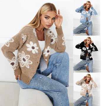 Floral Knit Cardigan Short Length V-Neck Faux Mink Sweater Coat for Women