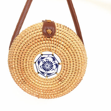 Ceramic Rattan Bag Summer Bohemian Round Beach Bag Shoulder Bag Crossbody Bag Leather Buckle Straw Bag Women's Bag