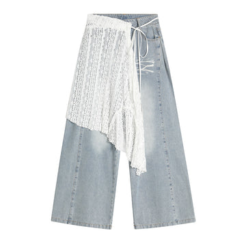 Lace Layered Straight Leg Jeans Tie-Up Double-Wear Loose Wide Leg Pants