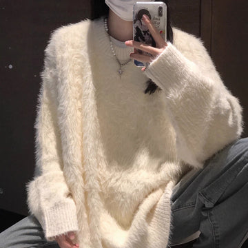 Soft White Cashmere-like Knit Sweater for Men and Women Winter Inner Layer or Outer Wear, High-end Lazy Style Knit Top
