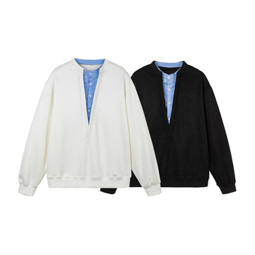 Suede Faux Two-Piece Design Long Sleeve V-Neck Pullover Hoodie