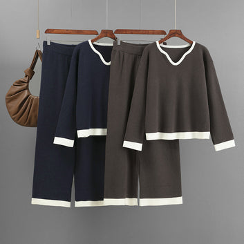 V-neck contrasting color top wide leg pants two-piece set