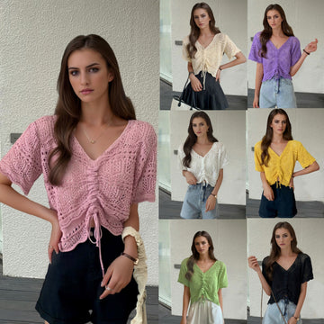 Style New Sun Protection Top V-Neck Short LengthHollow Out Drawstring Knit Shirt Slim Fit Beach Cover-Up for Women