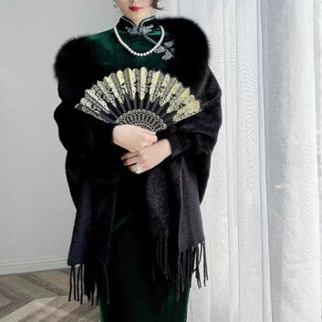 Autumn and Winter Women's New Faux Fur Knitted Cape Cardigan Solid Color Tassel Mid-Length Fur Collar Poncho Cape