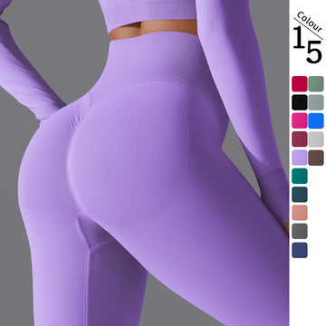 Seamless Solid Peach Sports Trousers for Women - Tight Running Fitness Yoga Pants with High Waist and Butt-Lifting Design