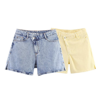 High waisted double breasted denim shorts
