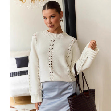Hollow out pullover sweater for women's early autumn new loose round neck lazy style knitted sweater