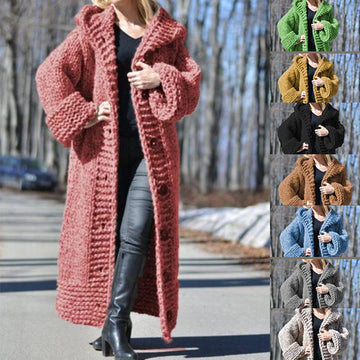 Chic Solid Color Hooded Single-Button Knit Cardigan Sweater Coat for Women