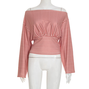 Stylish Striped Off-Shoulder Long Sleeve  with One-Shoulder Design